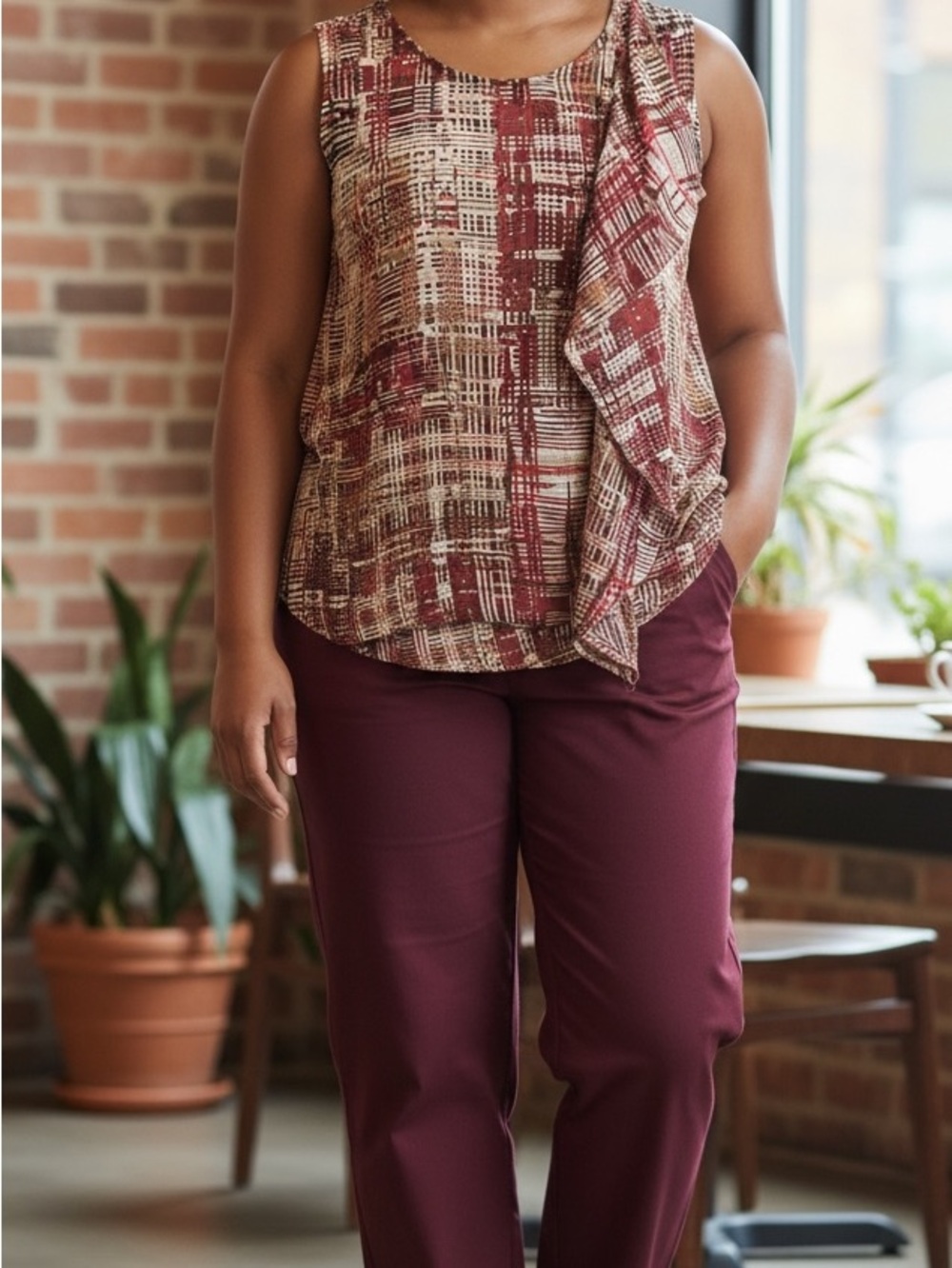 Sleeveless Burgundy Patterned Top and Wine Pants Set